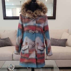 BB Dakota Utility Jacket in Blue and Brown with Luxurious Fur Collar